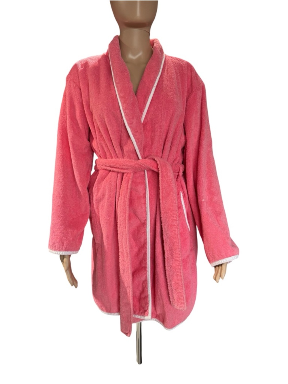 Victoria's Secret Coral Pink Plush Terry Cloth Robe White Ribbed Edging Size M/L